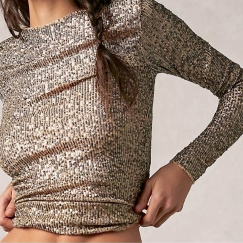 NWOT!!! Free People Gold Rush Sequin Long Sleeve Top